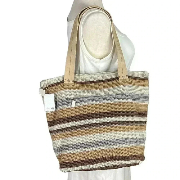 The Sak Mendocino Stripe Crochet XLarge Double Strap Zip Top Tote Vegan NEW Sand - Picture 1 of 11